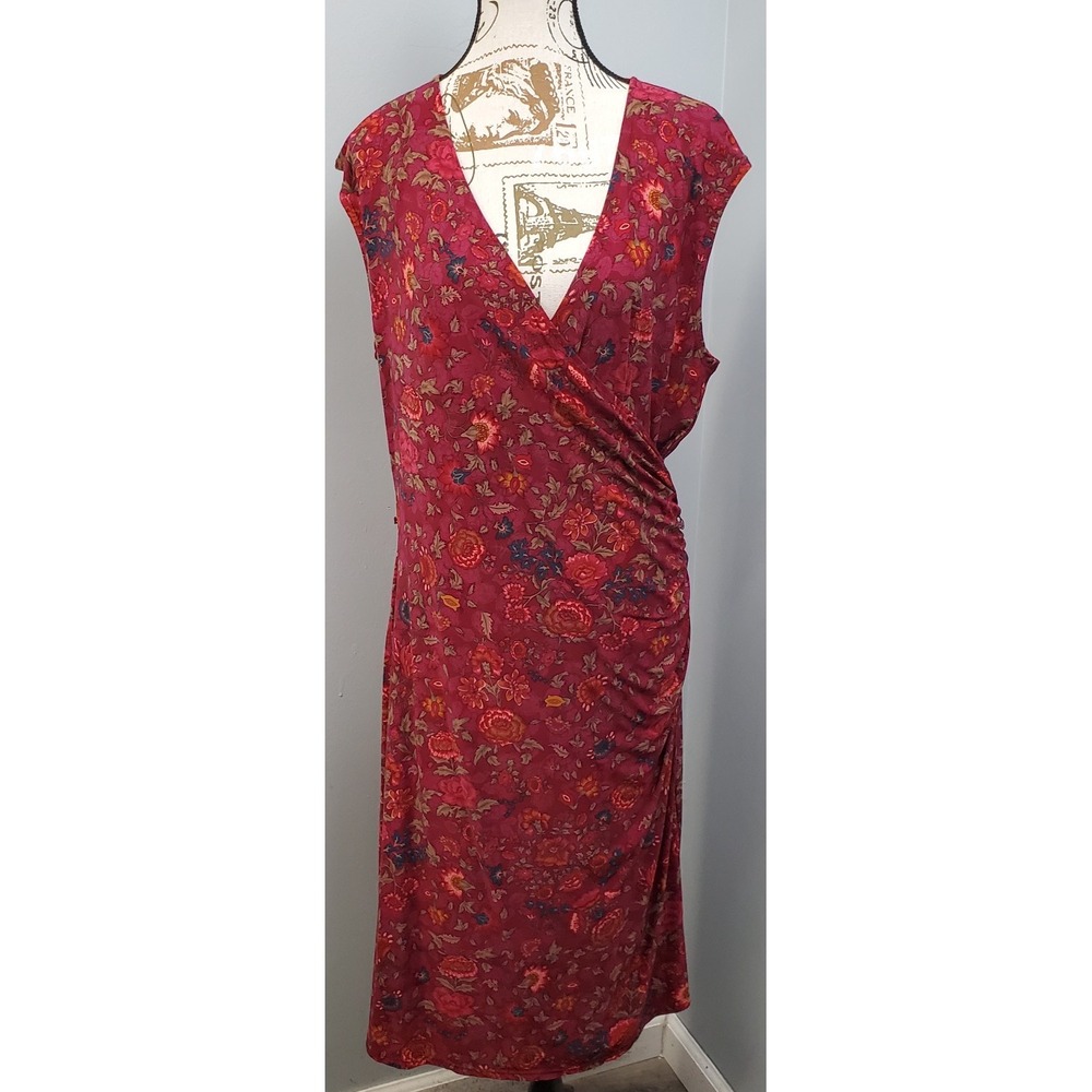 Lauren Ralph Lauren Dress Womens 1X Multi Floral Sleeveless Ruched Detail V-Neck